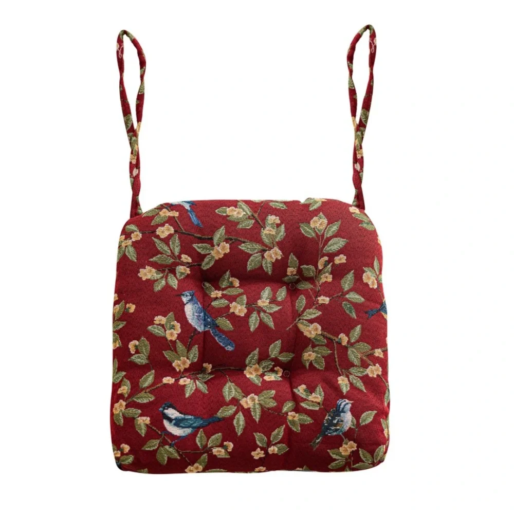 Floral Bird Print Chair Cushion in Burgundy Red